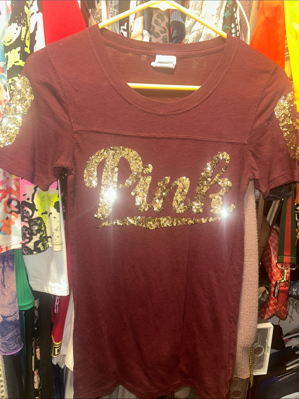 PINK Victoria's Secret Maroon Tee with Gold Sequin Logo -